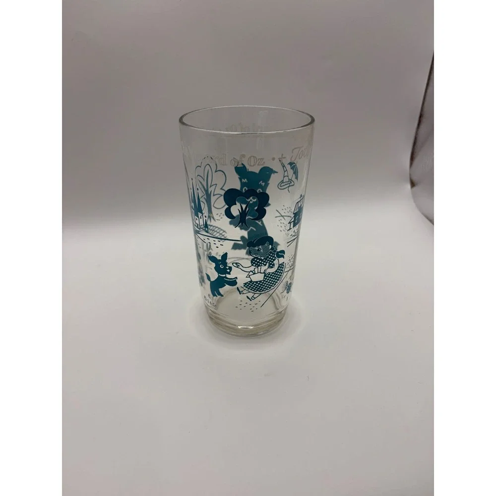 Vintage Wizard of Oz‎ Toto Teal Blue Glass Tumbler Wavy Bottom S&Co